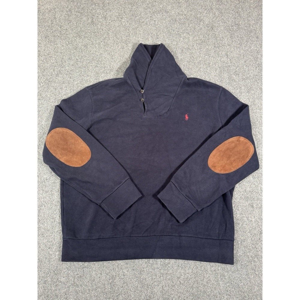 Polo Ralph Lauren Sweatshirt Mens XL Blue  Shawl Collar‎ Pullover Suede Elbow